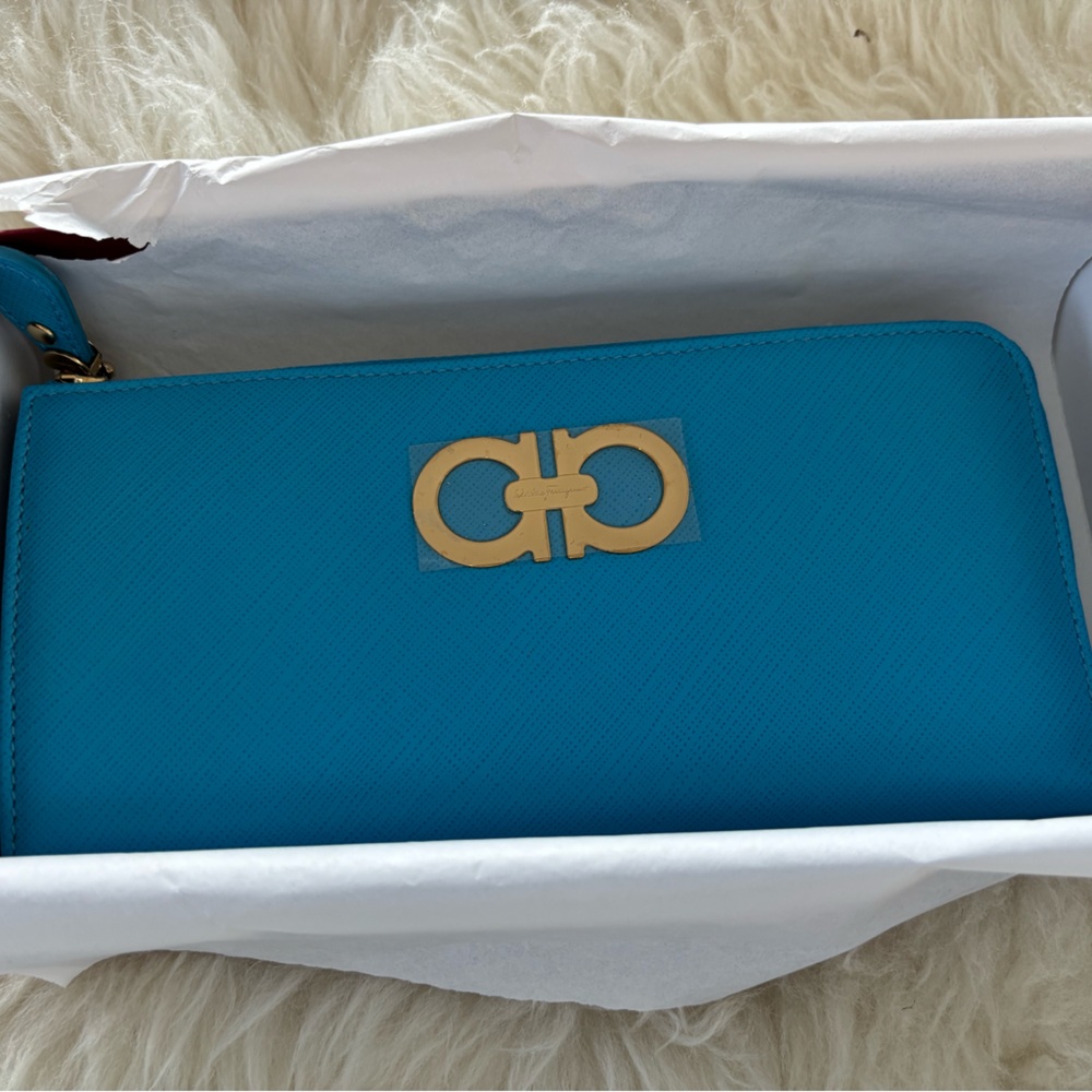 Salvatore Ferragamo Turquoise Clutch with Gold Logo